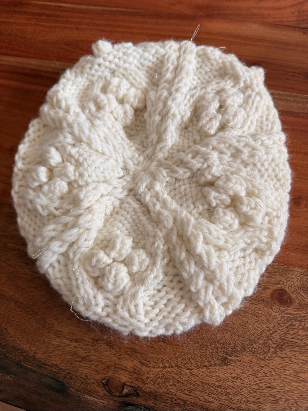 Cream Hand-Knit Cable Beret